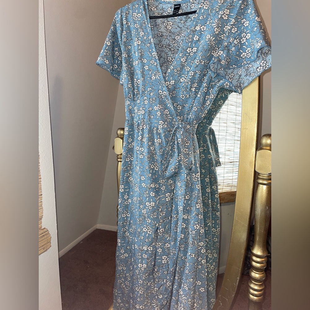 Long blue wrap dress.